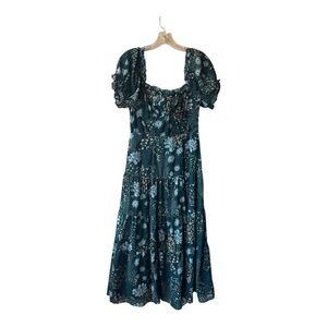 Beyond Words Coquette Midi Dress Green Floral Womens M Tiered Cottage Boho